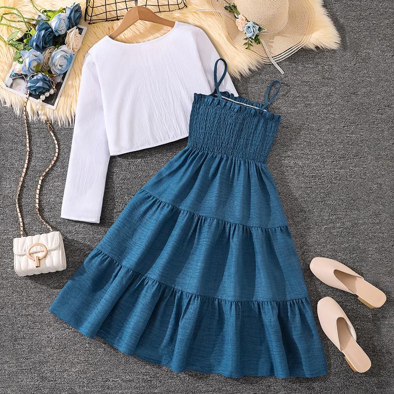 2-12Y Girls' Set Spring New Arrival Sweet Spaghetti Strap Dress + Long Sleeve Jacket Set