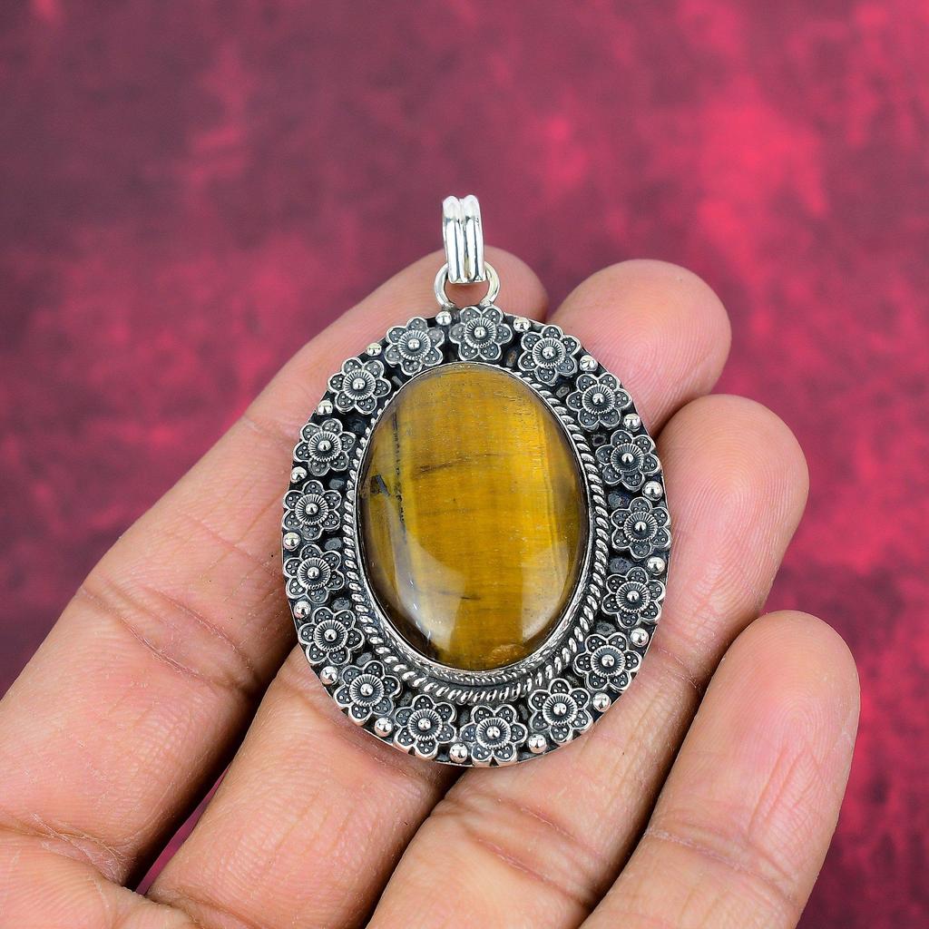 Tiger's Eye Gemstone Jewelry, 925 Solid Sterling Silver Jewelry For Her, Handmade Gorgeous Jewelry, New Brand Designer Pendant For Love