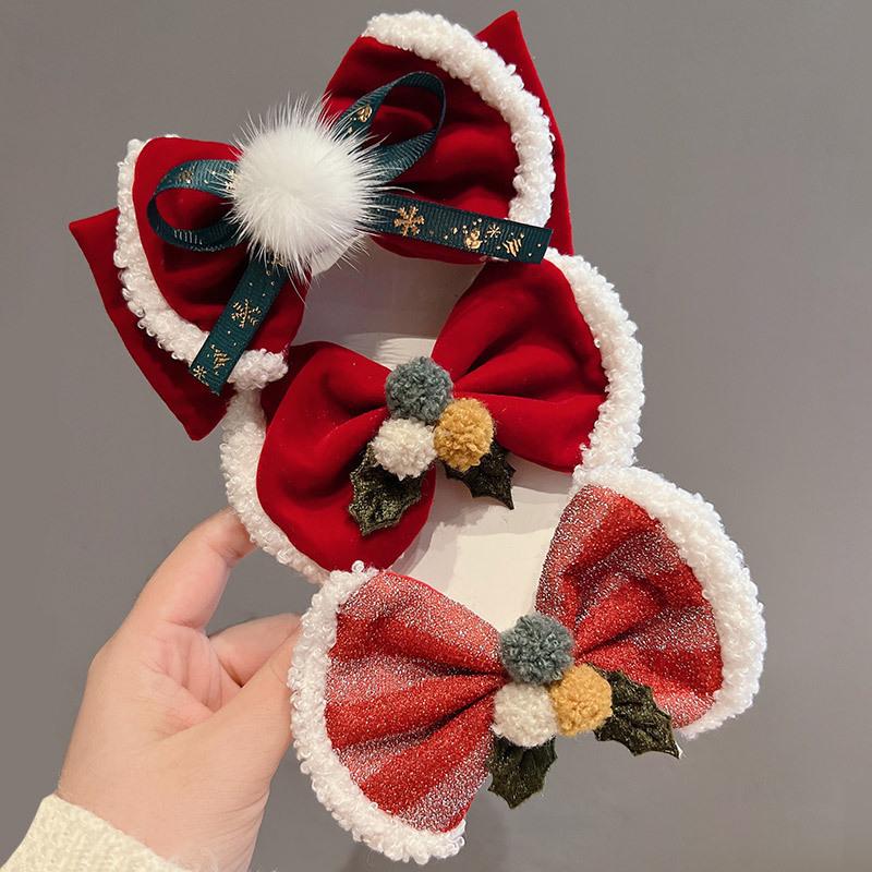 Rote Pompon Schleife Haarspange - Weihnachtsschmuck für Babymädchen