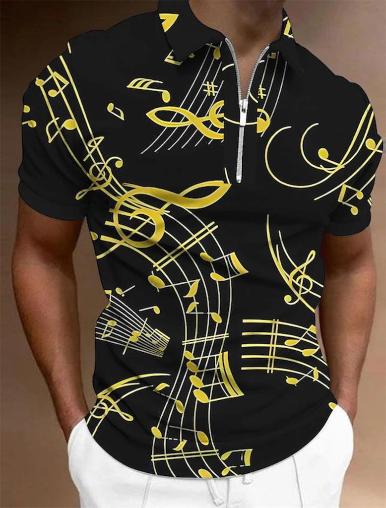 Men T-Shirt Zip Polo Men's Tops Golf Graphic Prints Music Notes Light Short Sleeves Zipper Print Clothing Apparel Fashion Casual