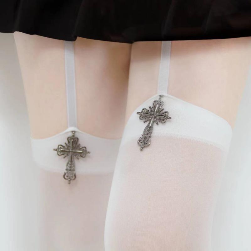 Personality Cross Decoration Women Suspender Socks Solid Color Thin Thigh High Lolita Anime Cosplay Gothic Over Knee Stockings