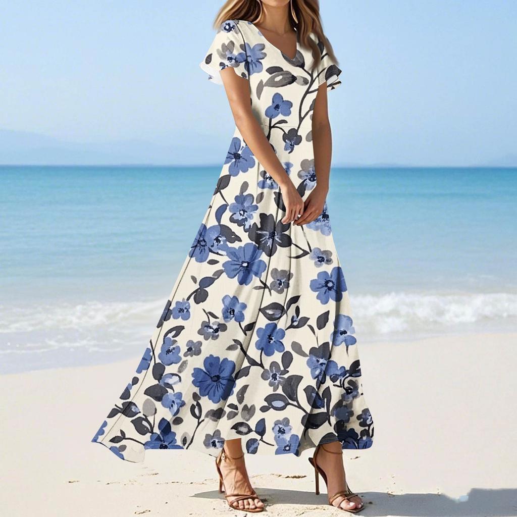 Women's Summer Floral Print V Neck Short Sleeve Maxi Dress Flowing A-Line Maxi Dress Bohemian Holiday Beach Dress
