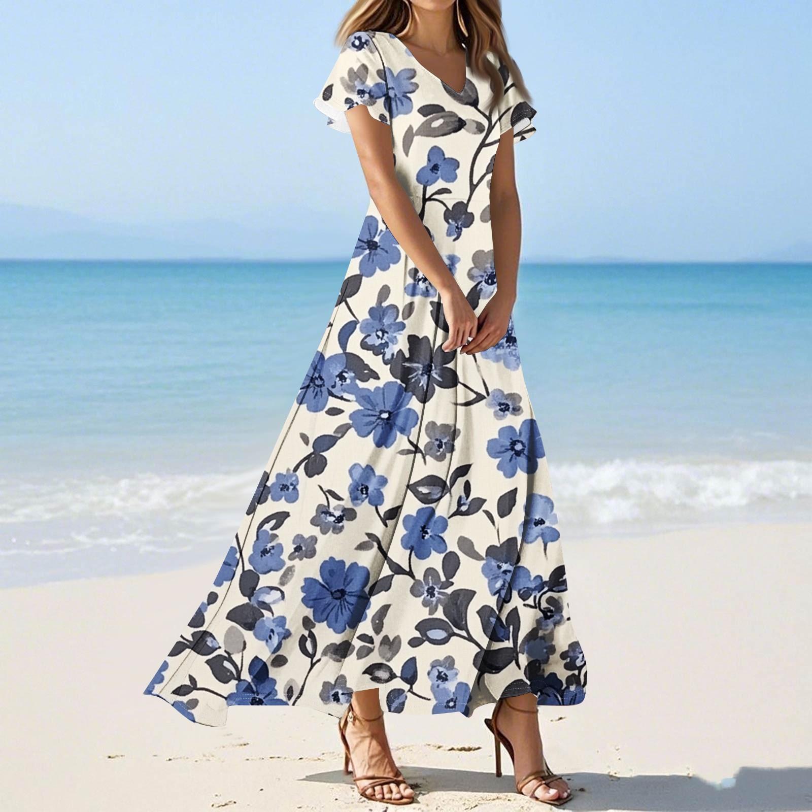 

Женское летнее платье макси с цветочным принтом и V-образным вырезом, короткими рукавами, струящееся платье макси А-силуэта в стиле бохо для отдыха на пляже M