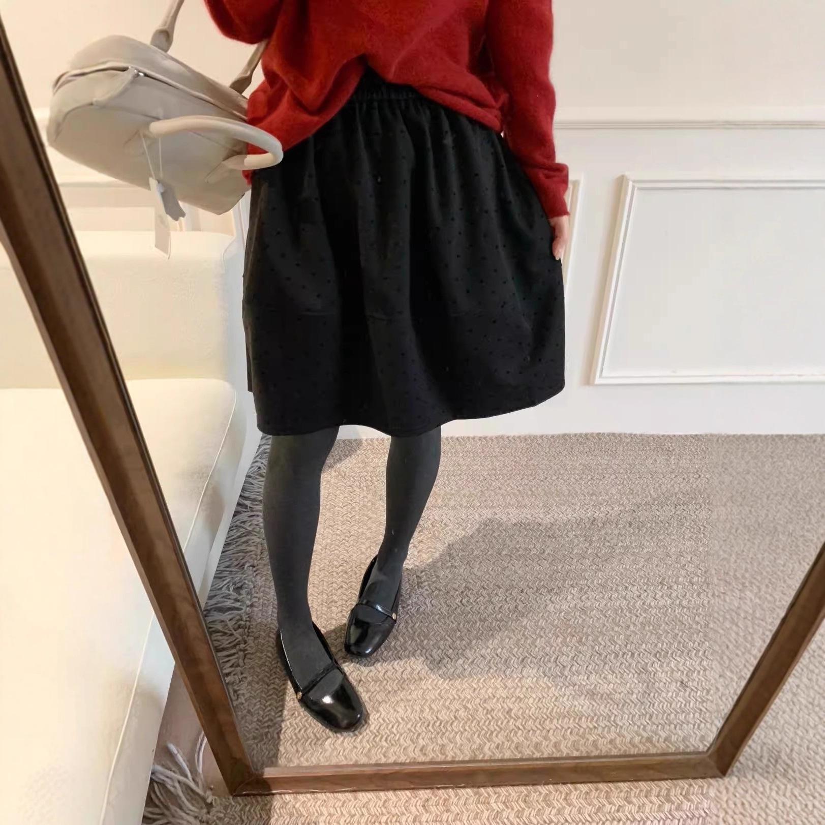Korean Polka Dot Woolen A-Line Mini Skirt with Elastic Waist for Petite Women Large