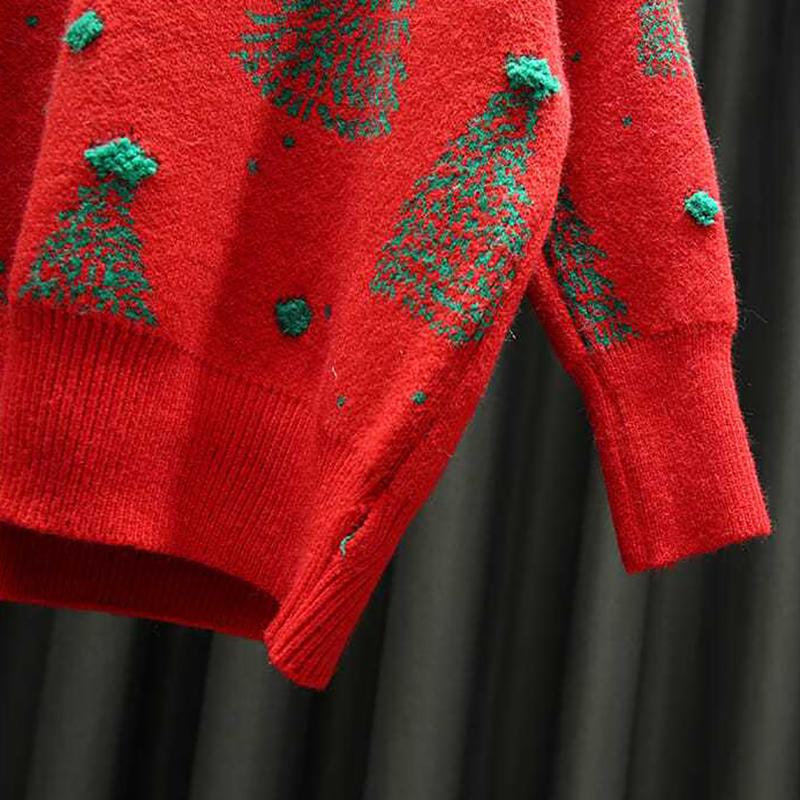Christmas Red Turtleneck Sweater Women's Autumn Winter Vintage Casual Loose Pullovers Long Sleeve Christmas Tree Knitted Tops