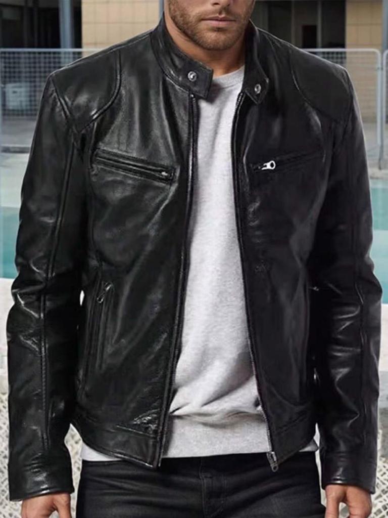 American Retro PU Leather Stand Collar Slim Fit Motorcycle Jacket