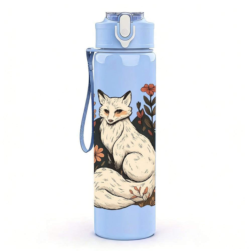 1PC Floral Fox Portrait Art 750ml Color Plastic Sports Water Bottle Leakproof Flip Straw Lid Suitable for Sports Office Home Use