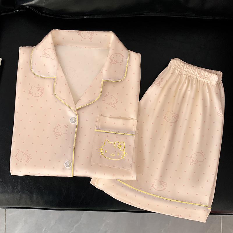 High-End Summer Light Luxury Ice Silk Cool Pajamas Women'S Loungewear Short-Sleeved Outer Wear Suit