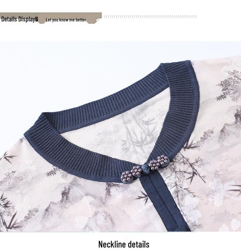2026 New Chinese Style Ice Silk V-Neck Short-Sleeve Top for Mothers - Elegant Summer Shirt for Middle-Aged and Elderly Women