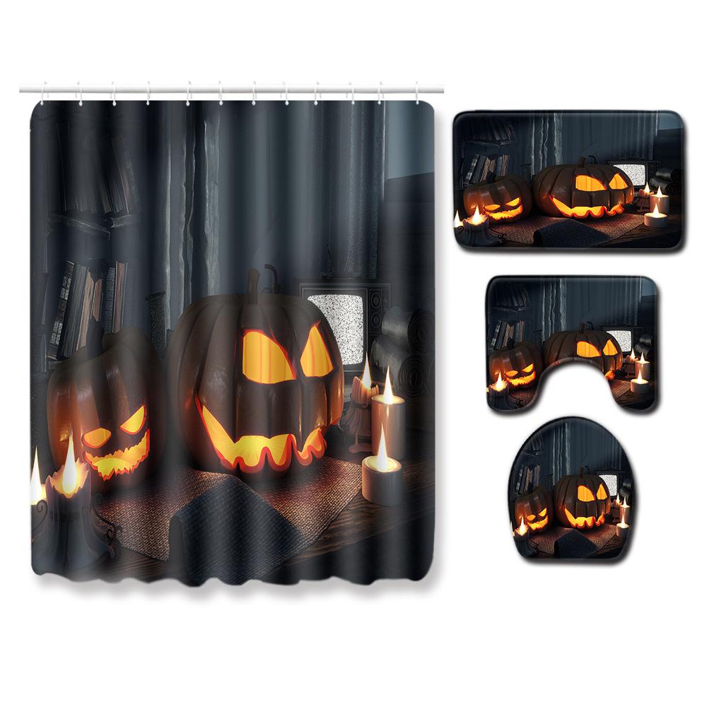 Halloween Bathroom Shower Curtain Floor Mat Combination Four-Piece Set Bathroom Toilet Carpet Door Mat