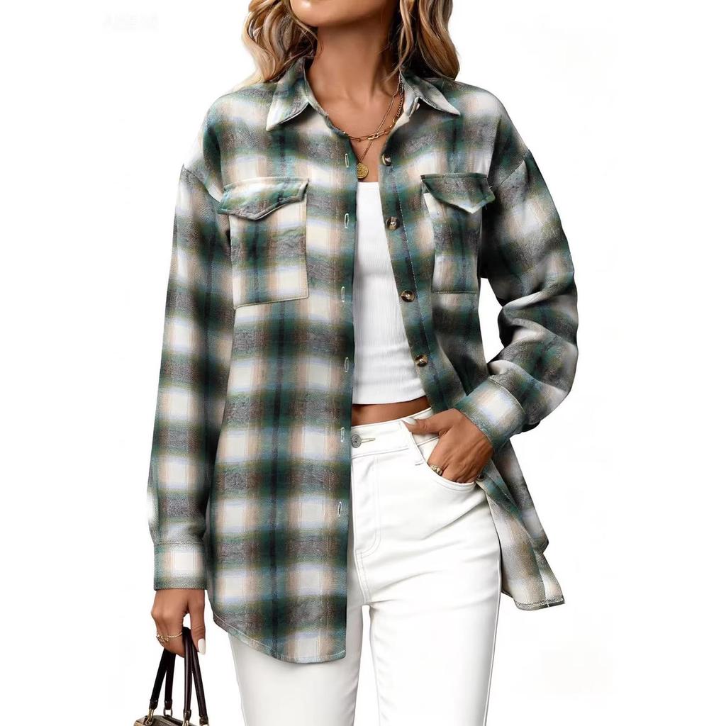 European & American Women's Casual Plaid Pocket Shirt – Autumn Winter 2025 Collection