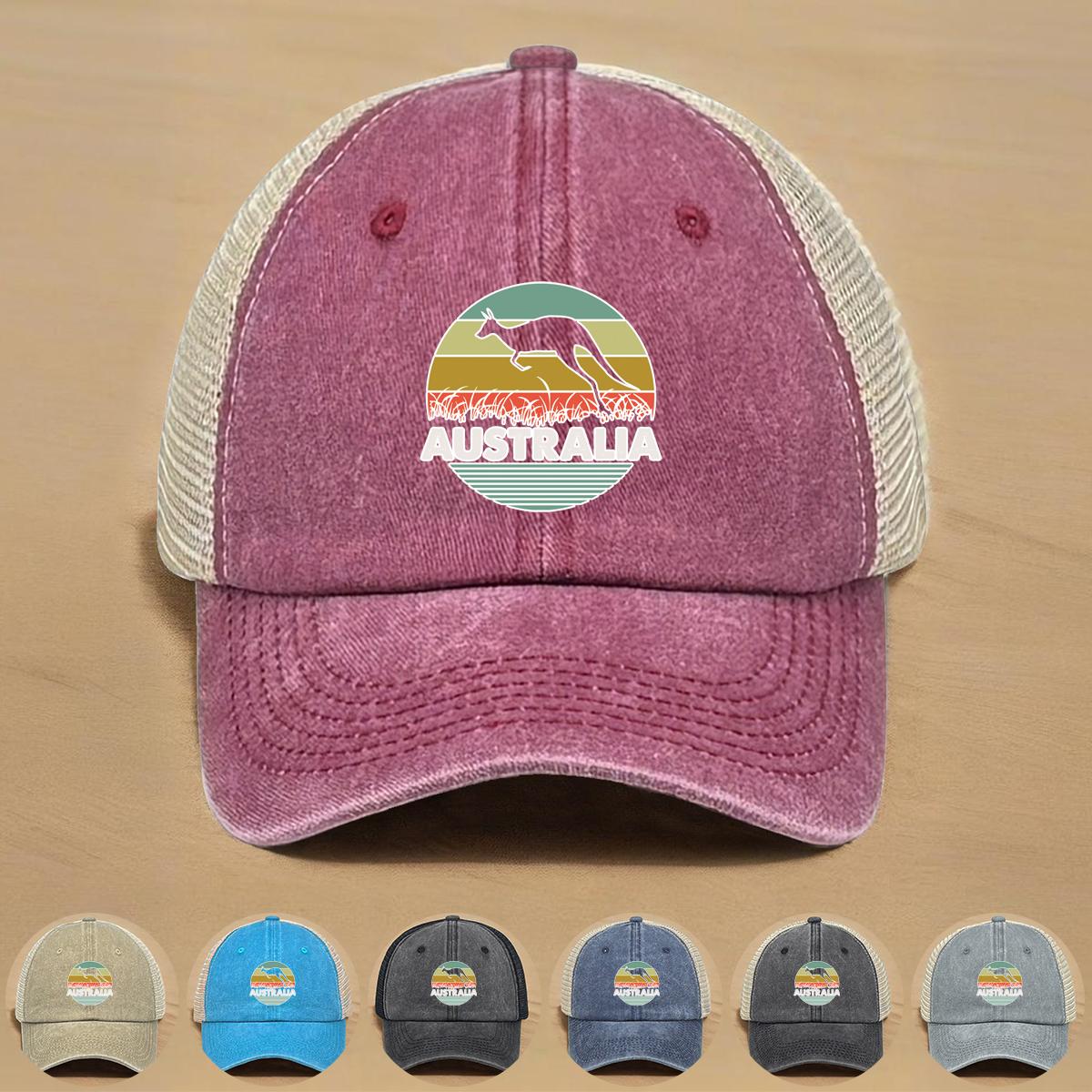 

AUSTRALIA Kangaroo Print Adjustable Baseball Hat, Dad Hat Inelastic Multicolor Solid Color Fashion Snapback Mesh Cap as the picture вина червоного кольору
