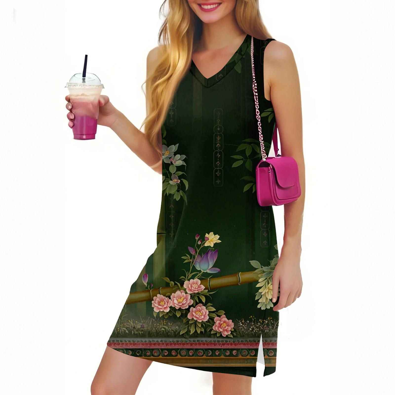 

Женское повседневное модное сексуальное платье без рукавов с V-образным вырезом и цветочным подолом L армия зеленый