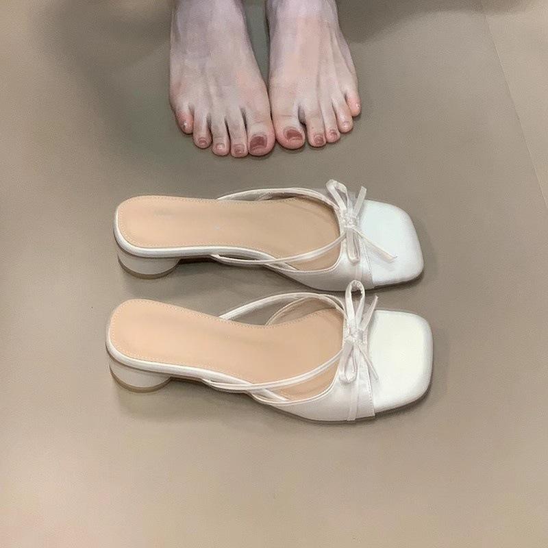 Gentle wind cool slippers 2025 new French temperament elegant thick heel one-word cool slippers women