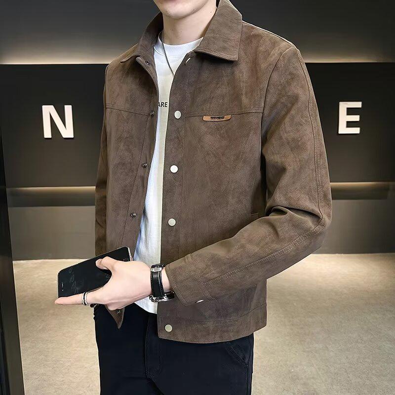 2024 Men's Suede Punk Jacket with Turn-Down Collar - Spring/Autumn Trendy High-End Coat