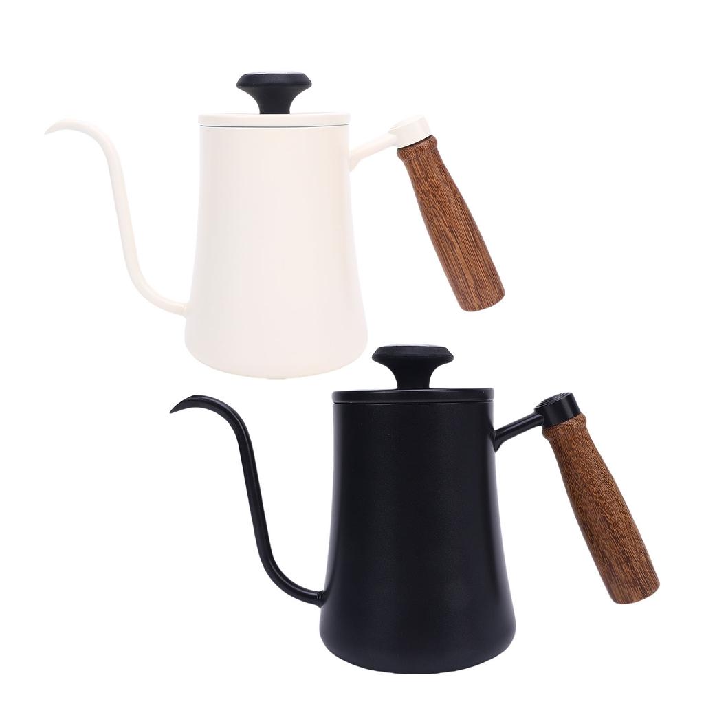 600ML Coffee Brewing Pot 304 Stainless Steel Water Pot with Temperature Meter Wood Handle Long Spout