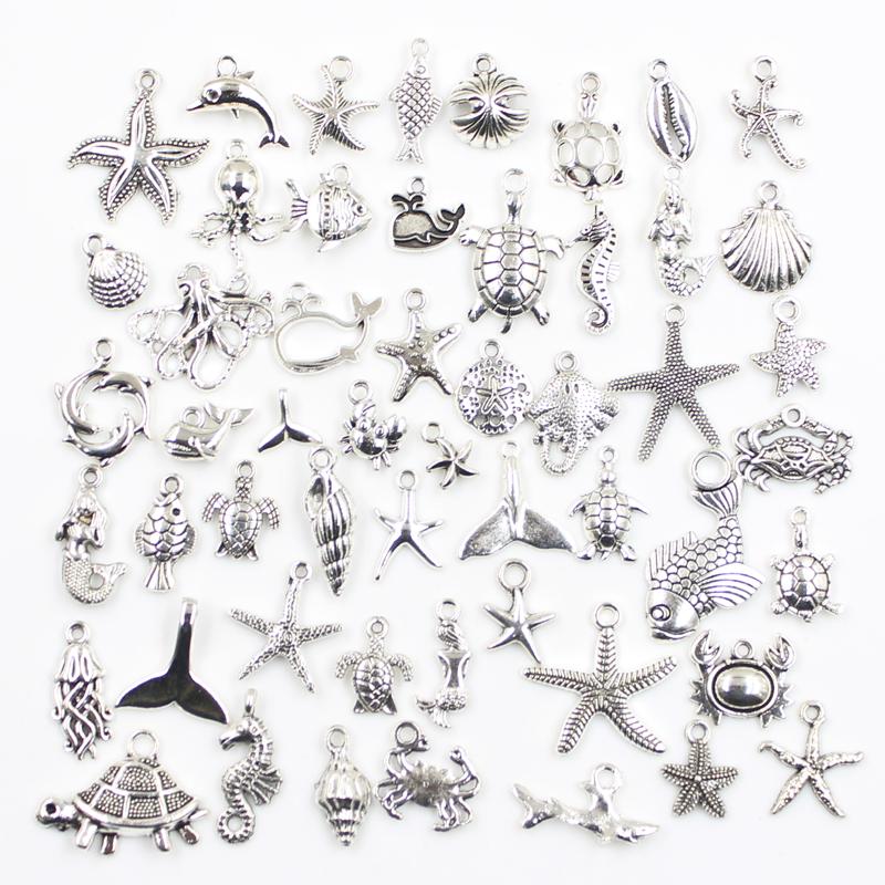30Pcs Charms Fish Starfish Octopus Crab Hippocampus Tortoise Antique Silver Color Mixed Pendants Diy Findings Tibetan Jewelry