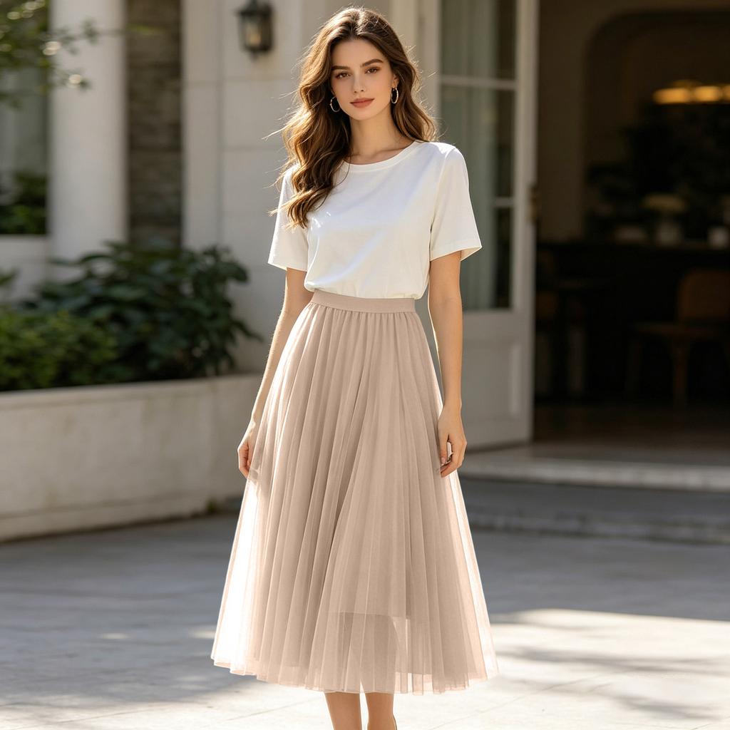 Ladies' Casual And Fashionable Mesh Half Skirt Long Skirt