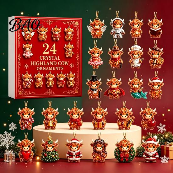 Decorative Keychain for Backpacks Highland Cow Advent Calendar, 24 Pcs Acrylic Hanging Ornaments Christmas Cartoon Character Tree Decoration, Festive