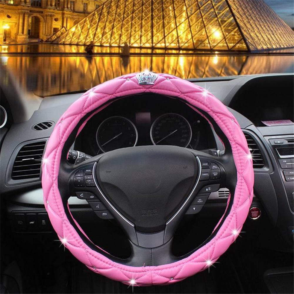 Black Car Steering Wheel Cover Pu Leather 38Cm Rhinestone Crystal Diamond Crown