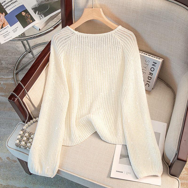 Women's Round Neck Loose Knit Sweater with Sequin Detail