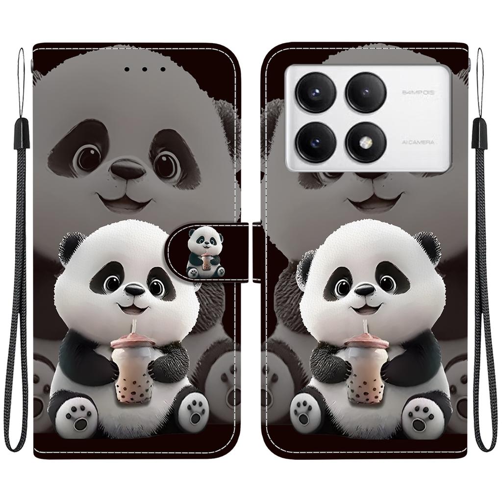 Handmade PU Leather Flip Case for Xiaomi Poco F6 Pro Anti-Slip Shockproof Cover with Wrist Strap & Heart/Rose Cat Designs