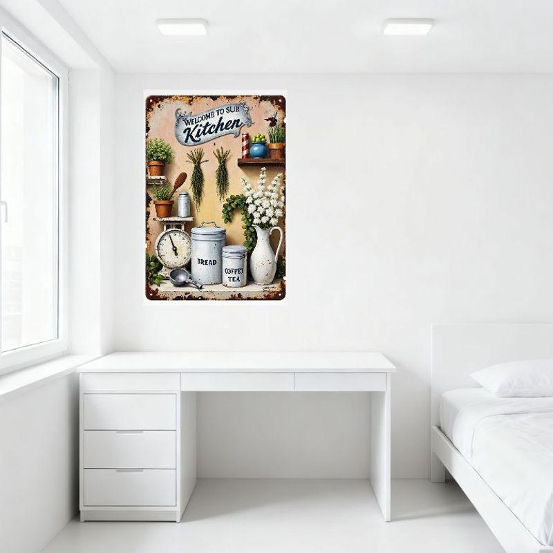 Vintage Rustic Metal Tin Sign, Welcome to Our Kitchen, Cozy Kitchen Scene with Plants, Utensils & Containers for Home Cafe Decor