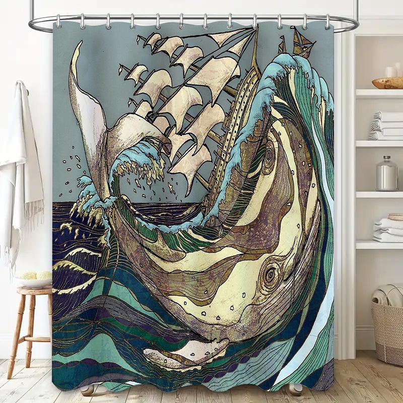 Ocean Wave Whale Pattern Shower Curtain Nautical Sea Life Decor Bathroom Backdrop Vintage Artistic Home Textile