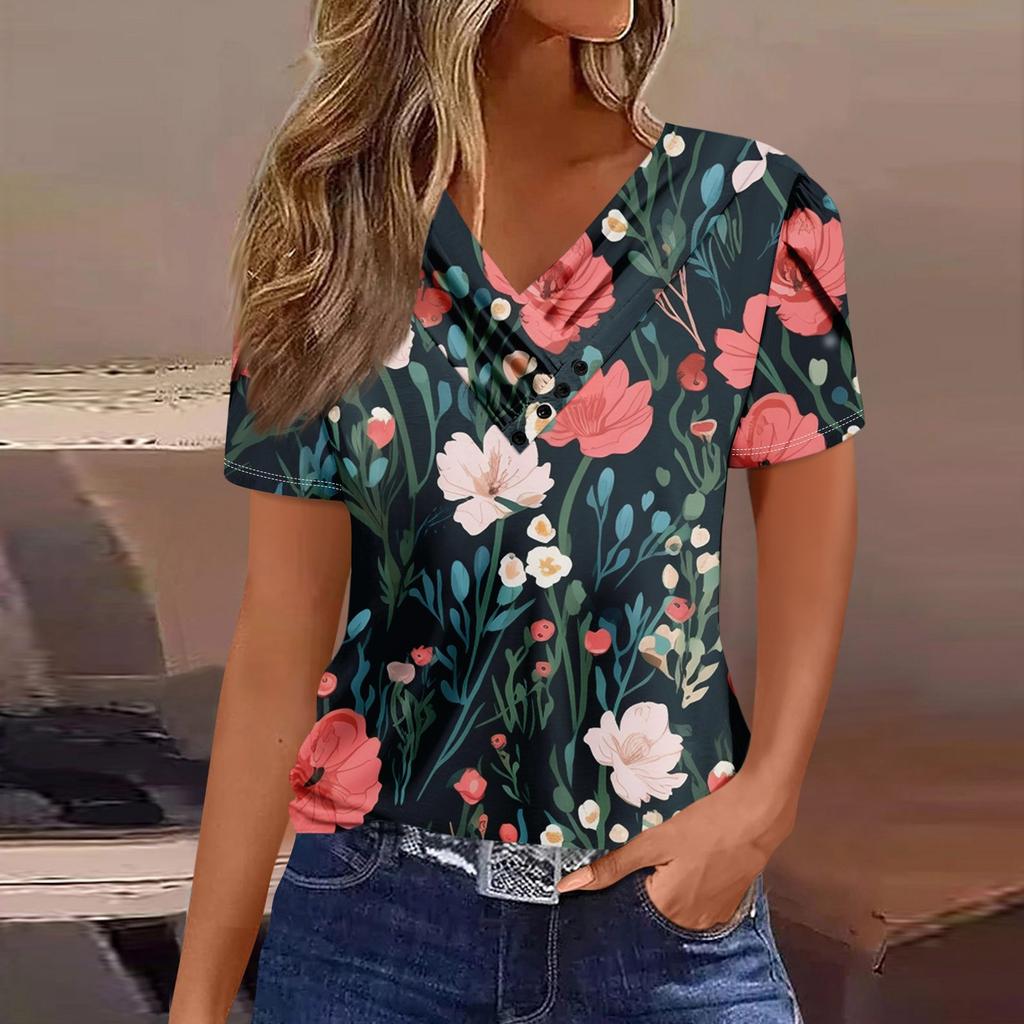 Women's T Shirt Tee Casual V-neck Short-sleeved T-shirt Printed Button Top