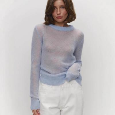 Frühling Sommer Dünner Pullover Überwurf Damen Rundhals Durchsichtig Basic Stricktop Bonbonfarbe