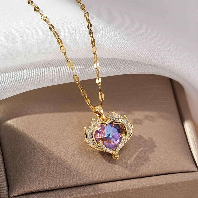 Colorful Ocean Heart Necklace with Angel Wing Pendant for Women