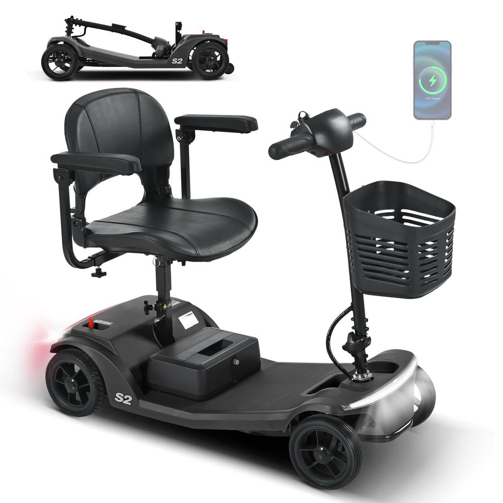 SWEETRICH S2 foldable mobility scooter,250W motor,12Ah lead-acid battery,6km/h,maximum range of 15km, maximum load capacity of 150kg.