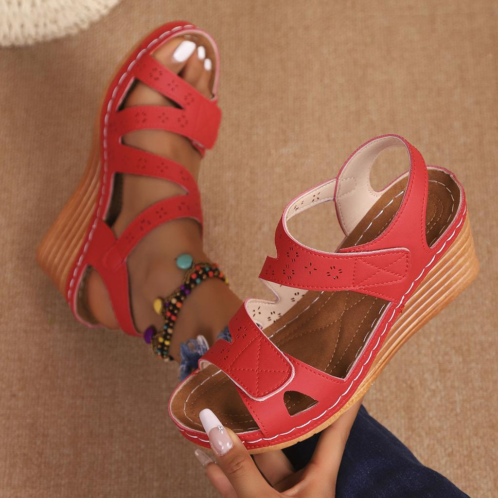 2025 direct sales foreign trade large size Velcro sandals women's new bohemian slope heel high heel cross strap sandals