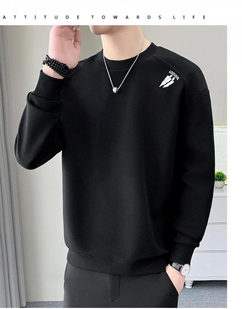 2025 Men's Heavyweight Round Neck Embroidered Sweatshirt - Trendy American Loose Fit for Teens and Students