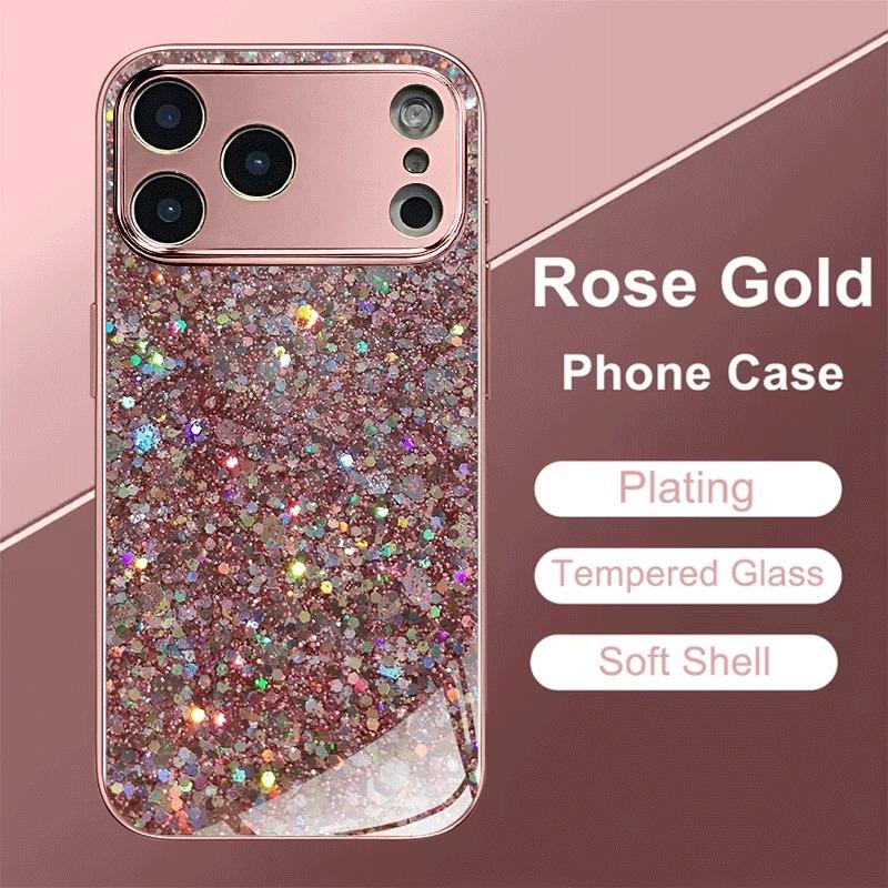 Pink Glitter Pattern Metallic Tempered Glass Phone Case For iPhone 17 16 15 14 13 12 11 Pro Max 15 14 Plus 17 Air 16E Cover