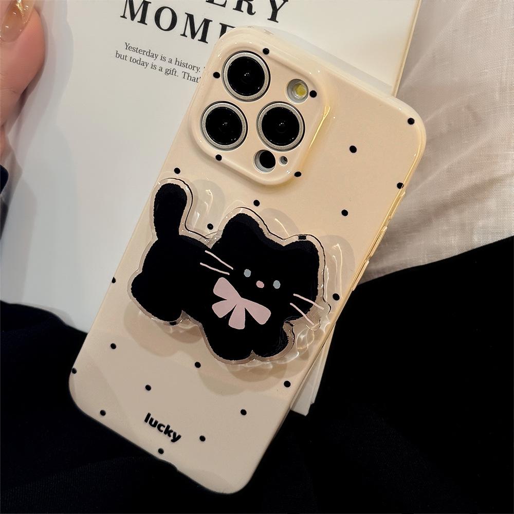 Korean Ins Wave Point Cat Stand for IPhone 16 Phone Case for Apple 15Pro Max Film 13 Soft 17