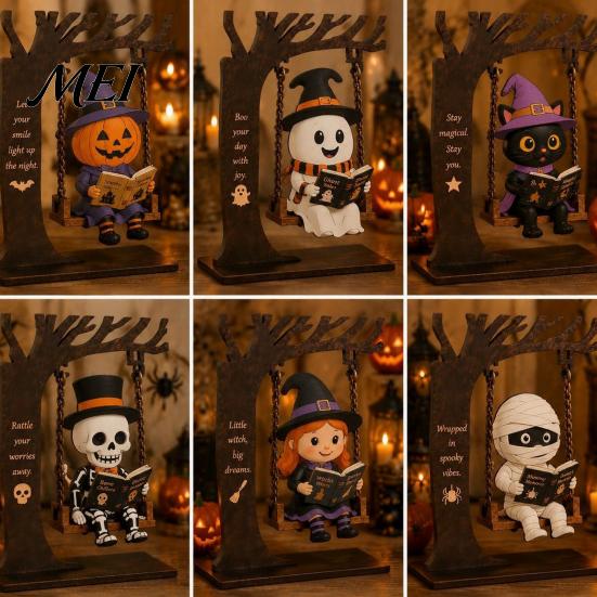Halloween Celebration Accessories Funny Swing Ornament, Witch/Skeleton/Mummy/Pumpkin Ghost Sitting on Decorative for Party Reading Book Figurine