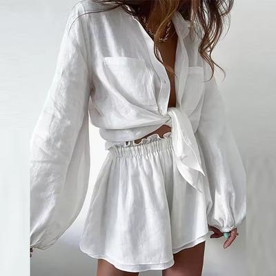 2025 Women's Summer 2-Piece Outfit Long Sleeve Button-Down Loose Blouse And Shorts Sweatsuit Set Casual Comfortable Style