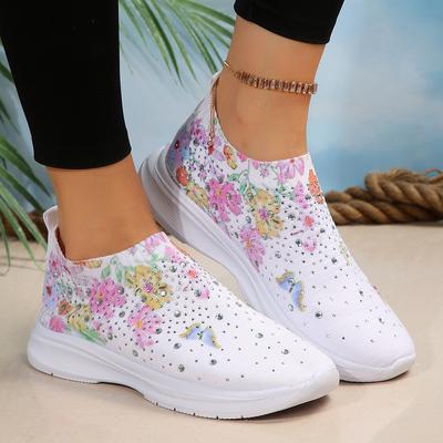 Große Freizeitschuhe, neue lässige Einzelschuhe, bedruckte Blumen-Strasssteine, ein Fuß, faule Sportschuhe für Damen