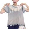 Damen Baumwollspitze Kragen Rüschen T-Shirt mit Schleife, Kurzarm, Vielseitiger Sommerstil