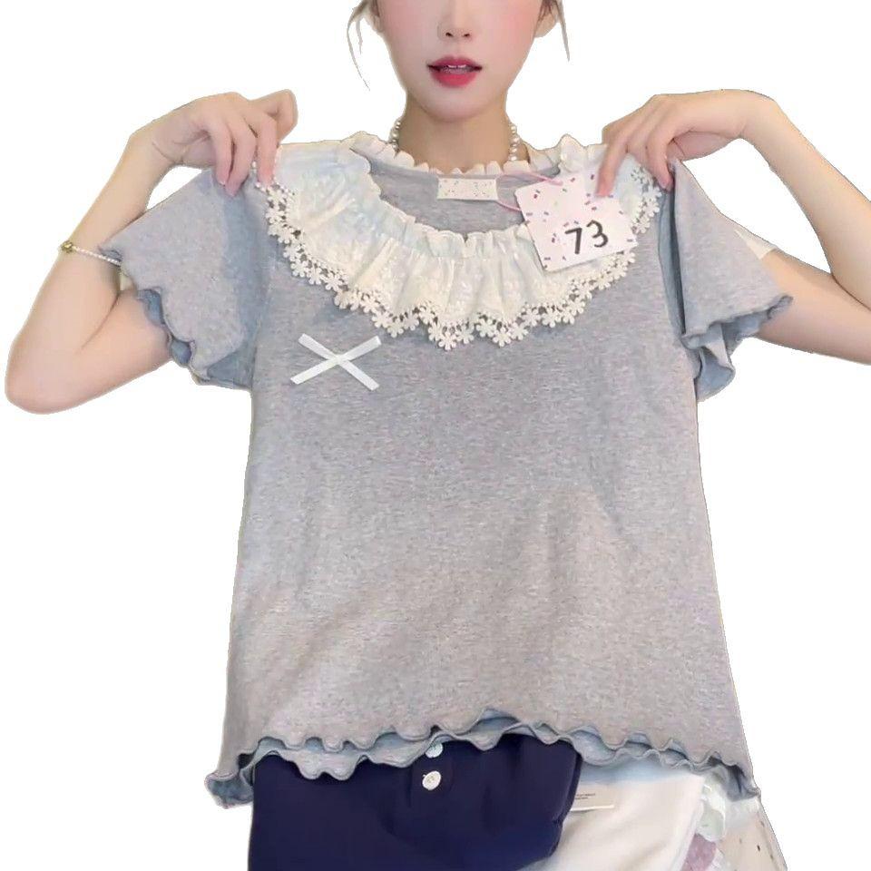 Damen Baumwollspitze Kragen Rüschen T-Shirt mit Schleife, Kurzarm, Vielseitiger Sommerstil