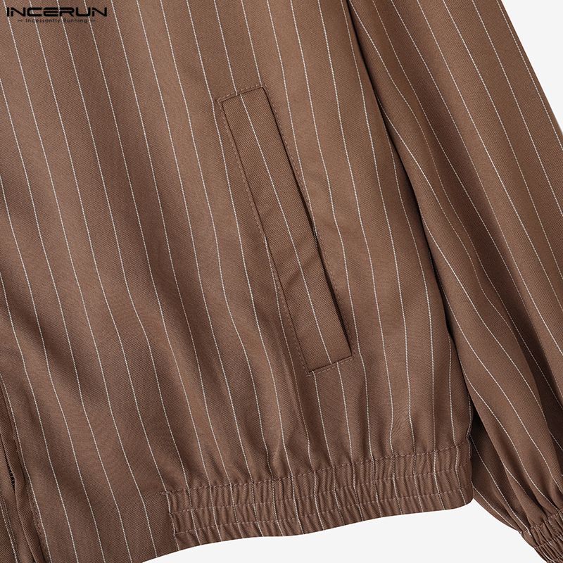 INCERUN Men Lapel Neck Long Sleeve Striped Casual Zip-up Thin Jackets Coats