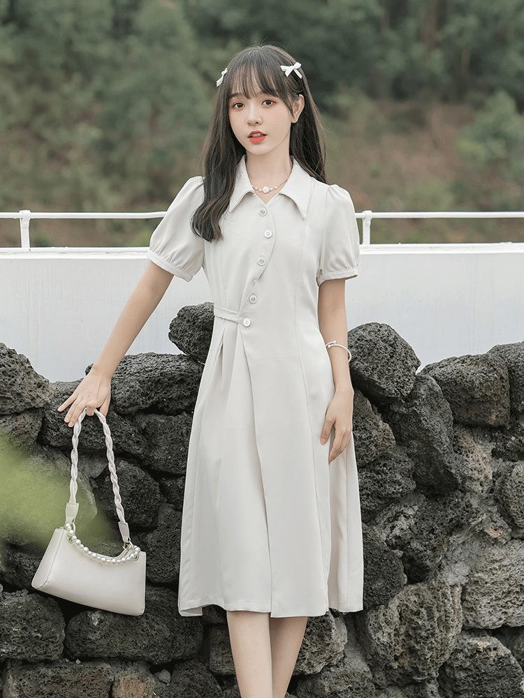 French sweet waist and thin temperament dress, summer new gentle wind design sense niche shirt medium and long dress