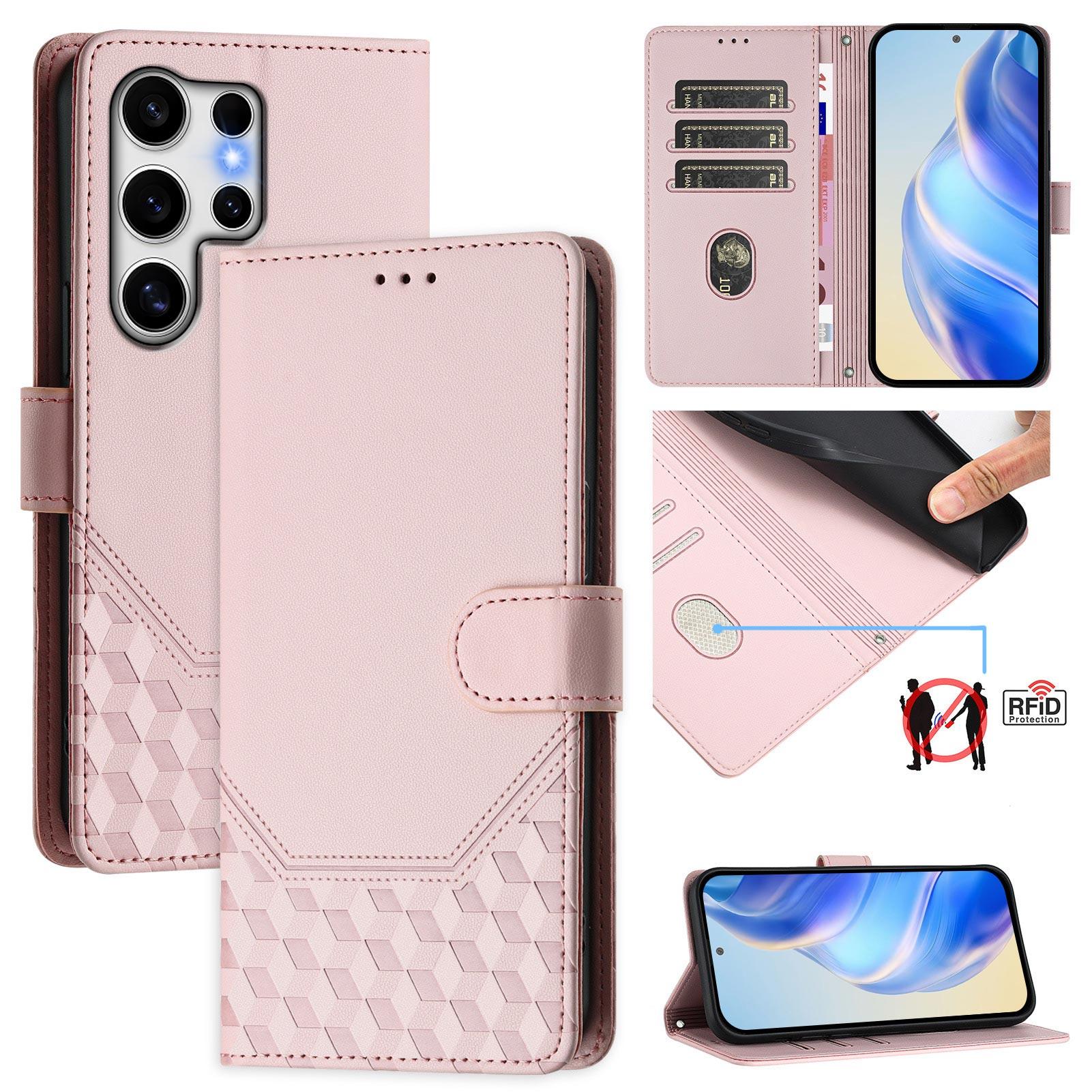 

For Samsung Galaxy S25 Ultra Case Imprinted Honeycomb RFID Blocking Leather Phone Cover with Strap B