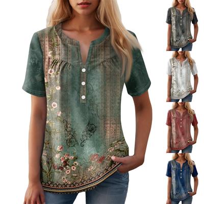 Women's Casual Floral Print V-Neck Short Sleeve Decorative Button T-Shirt Top