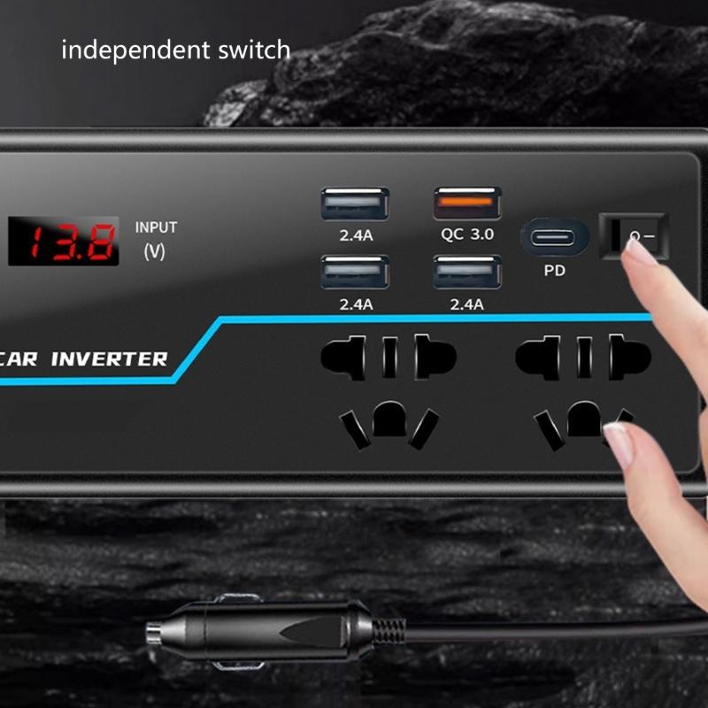 Portable Car Inverter Converts 12V/24V  to 110V/220V  with Voltages Display Compact Vehicle Inverter Simple Operate
