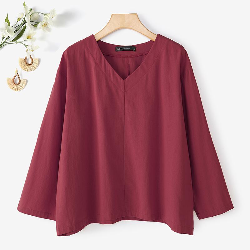 ZANZEA Women Loose Casual V-Neck Solid Color 3/4 Sleeve Cotton Blouse