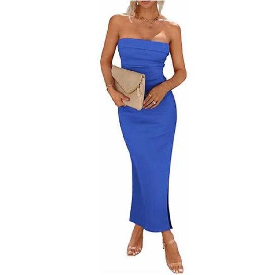 Women's Spring Summer Long Dress Sexy Party Side Slit Strapless Tight Pit Stripe Cocktail & Evening Dresses