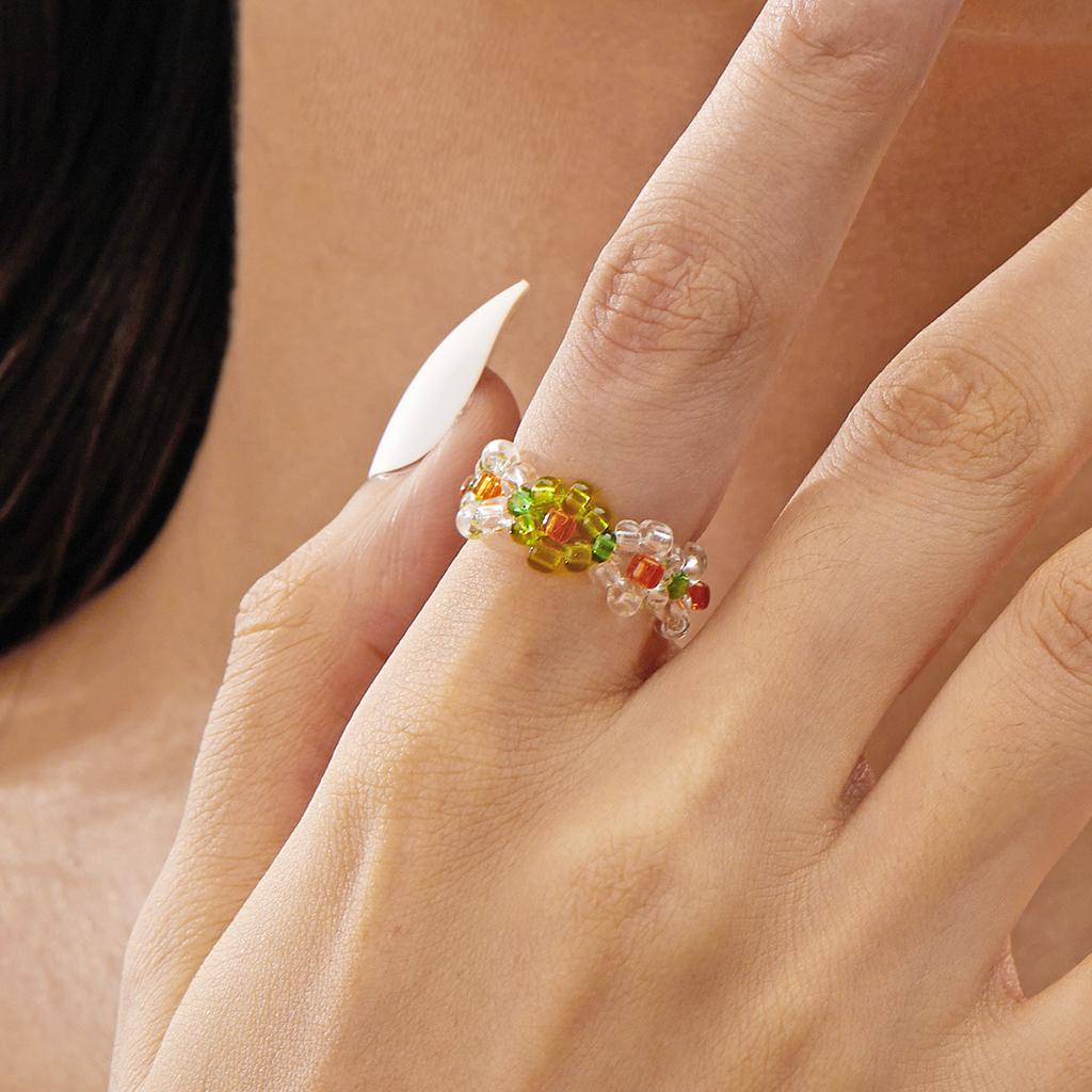 Bohemian Handmade Colorful Crystal Beaded Imitation Pearl Rings Continuous Circle Minimalist Wedding Promise Stacked Finger Ring
