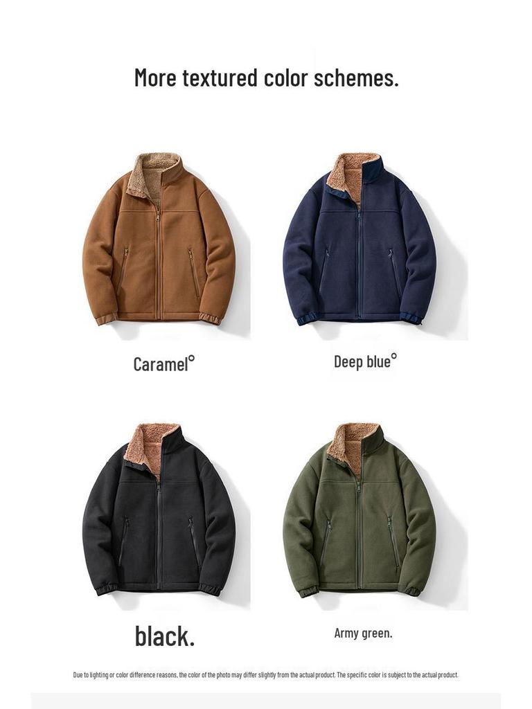 Men's Fleece-Lined Stand Collar Windbreaker - Warm Lambswool Inner Layer for Autumn and Winter